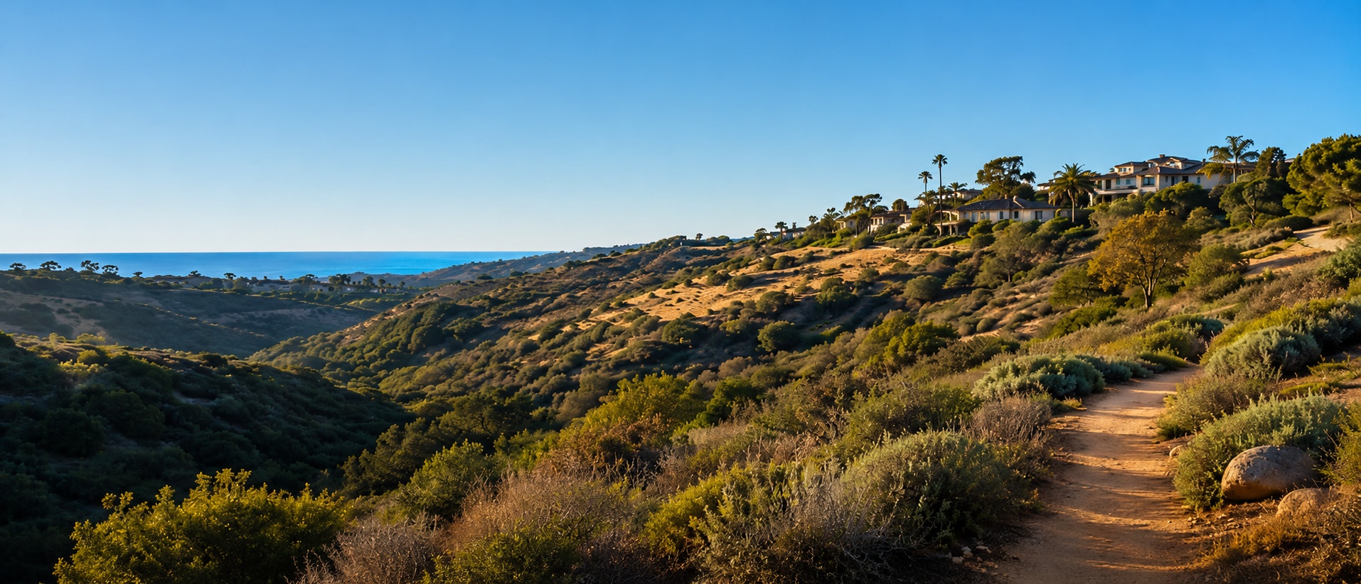 North County San Diego canyon trail with chaparral, homes on hillside, and ocean view
